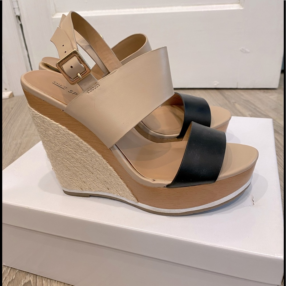 Beige and black wedges